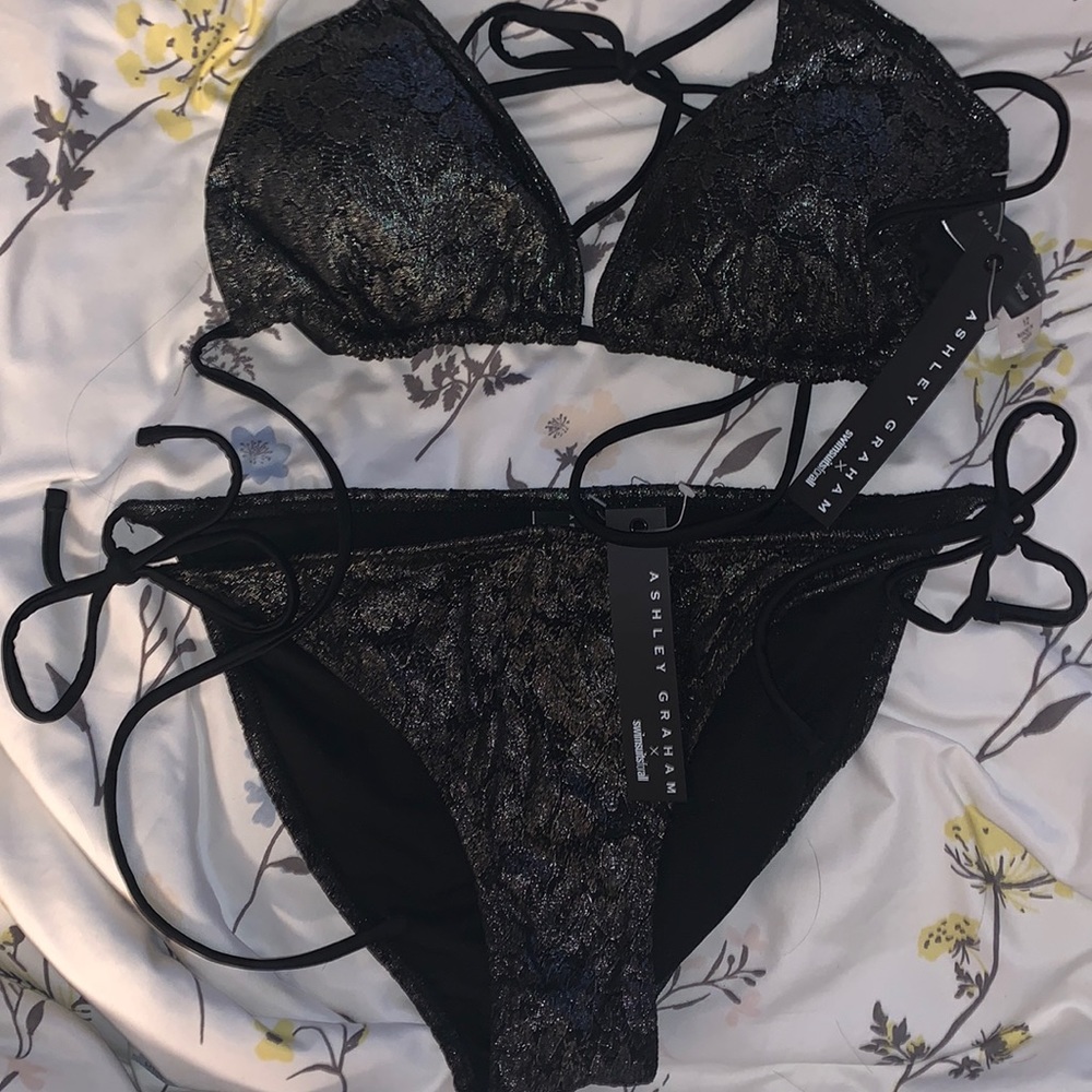 Ashley Graham Black Metallic lace bikini